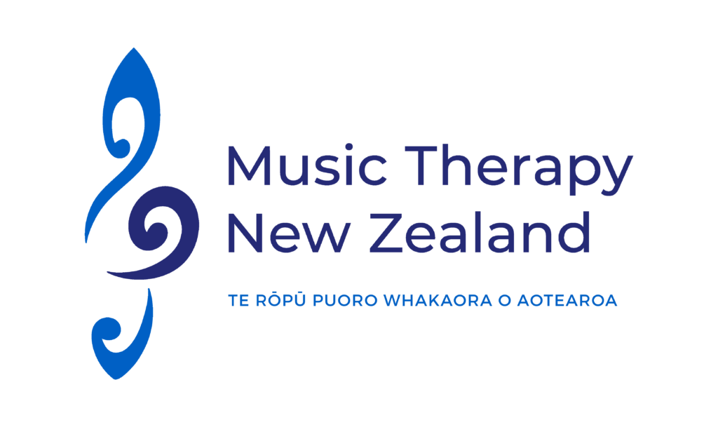 Image shows a stylized koru and treble clef with the words Music Therapy New Zealand Te Rōpū Puoro Whakaora o Aotearoa