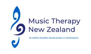 Image shows a stylized koru and treble clef with the words Music Therapy New Zealand Te Rōpū Puoro Whakaora o Aotearoa