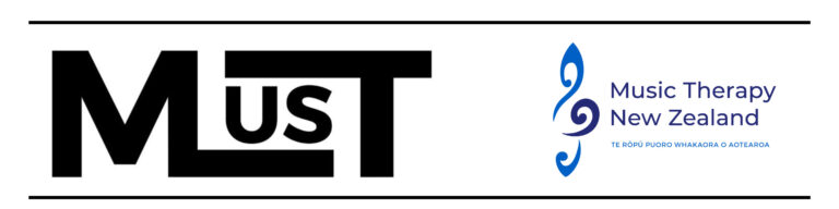 Graphic shows the MusT MThNZ newsletter logo and the Music Therapy New Zealand logo