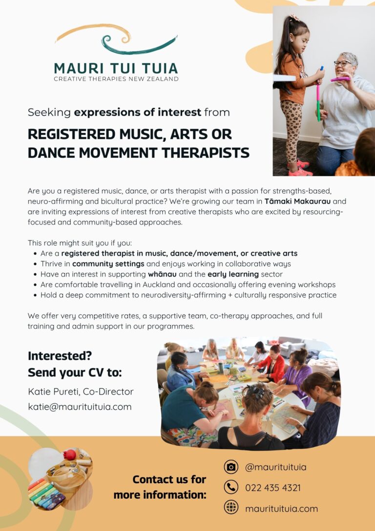 Image is a poster for Mauri Tui Tui call for registered therapists June 2025