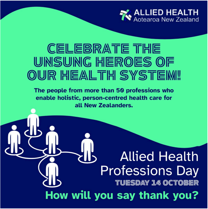 A poster for World Allied Health Professionals Day 14 October 2025 with the logo for Allied Health Aotearoa New Zealand